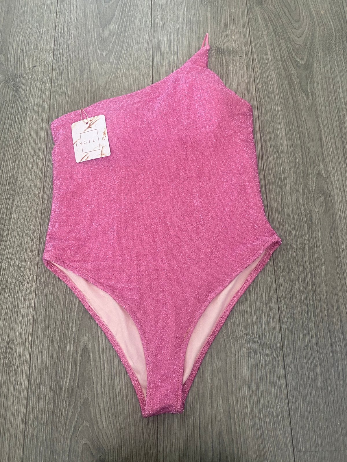 Roze glitter lurex padded badpak swimsuit body mt M / L, Ophalen of Verzenden, Zo goed als nieuw, Roze, Badpak
