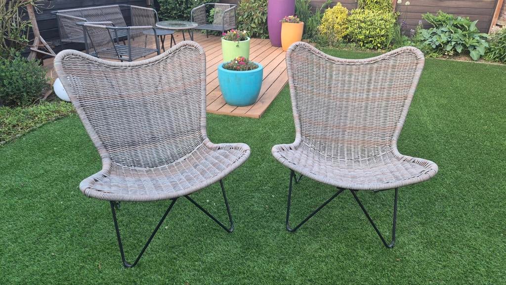 Set van 2 Wicker Tuinstoelen - Vlinderdesign, Tuin en Terras, Ophalen of Verzenden, Gebruikt, Wicker