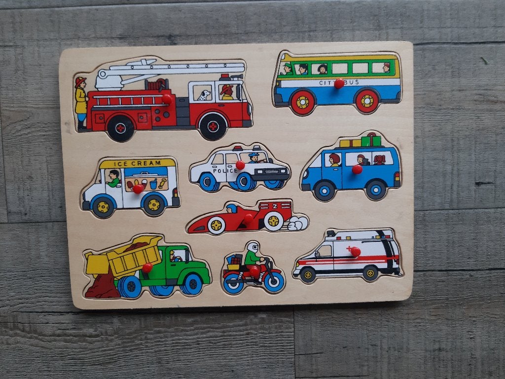 houten nopjes puzzel met voertuigen - brandweer / politie, Ophalen, Zo goed als nieuw, Van hout, Minder dan 10 stukjes