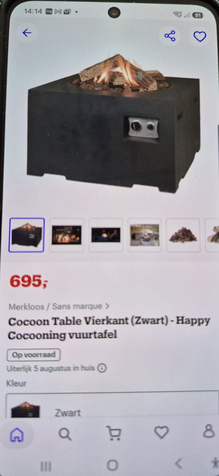 Happy Cocooning Vuurtafel Vierkant Zwart, Ophalen