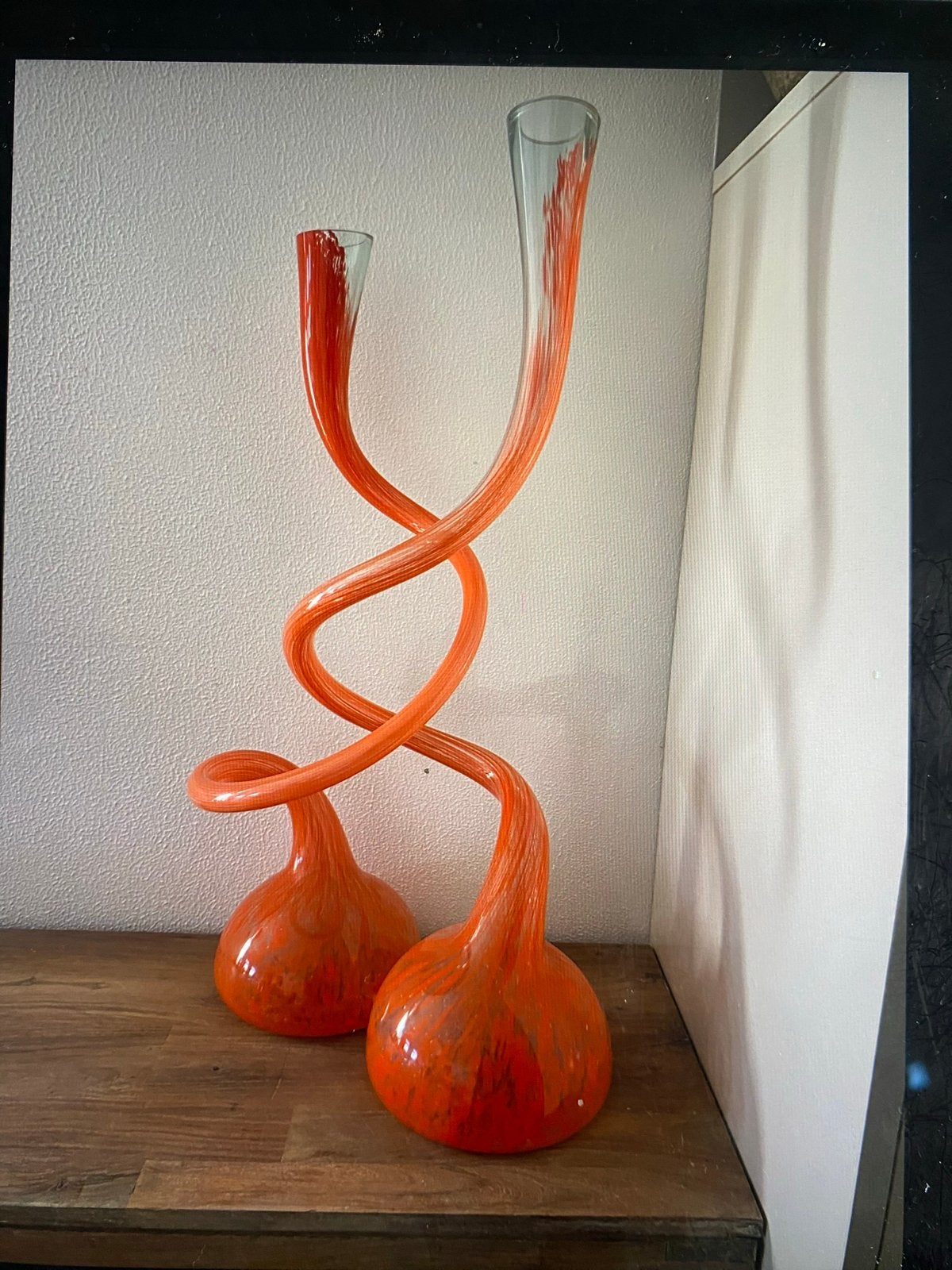 Oranje glazen kandelaars, spiraalvormig design, Ophalen