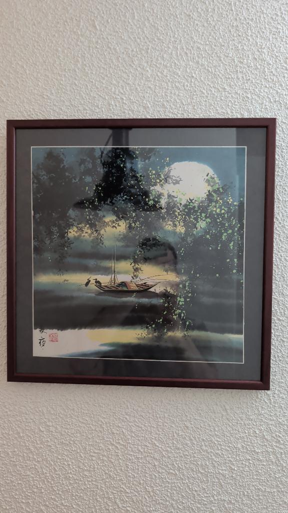Schilderij uit China met Sampan (Aalscholver boot), Ophalen