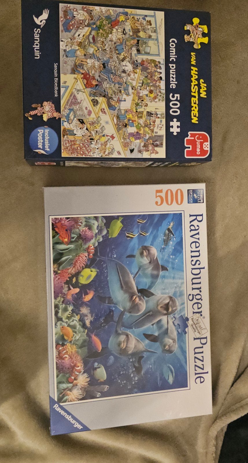 2 Legpuzzels: Jan van Haasteren & Ravensburger Dolfijnen, Ophalen of Verzenden, 500 t/m 1500 stukjes, Gebruikt, Legpuzzel