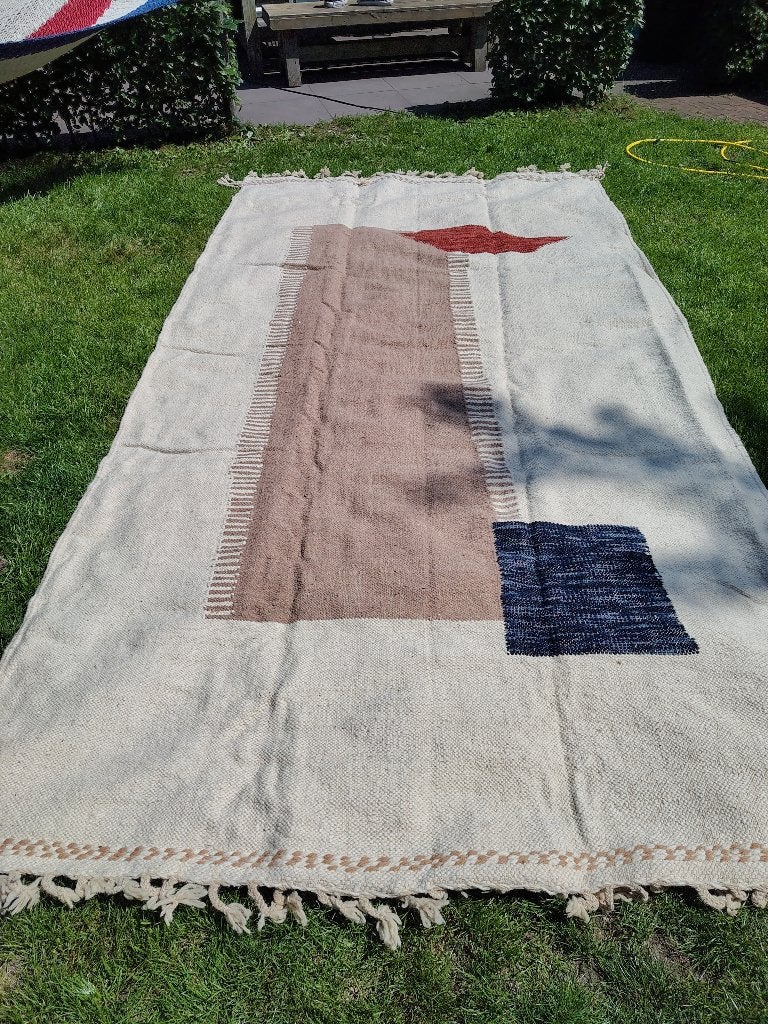 Prachtig Platgeweven Marokkaans Kelim Kleed, Ophalen, Blauw, Rechthoekig, 150 tot 200 cm