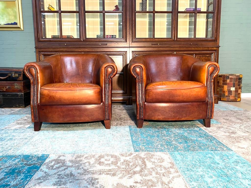 Twee Schapenleren club fauteuis Joris cognac, Ophalen of Verzenden, Zo goed als nieuw, 75 tot 100 cm, Leer