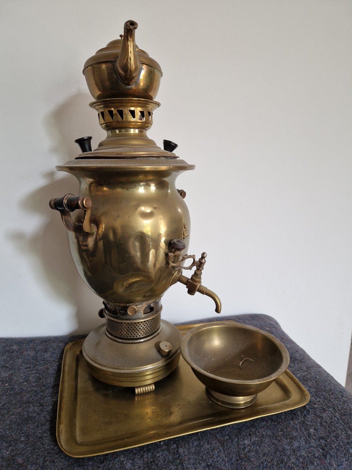 Antieke Messing Samovar met Theepot en Dienblad, Ophalen of Verzenden, Koper