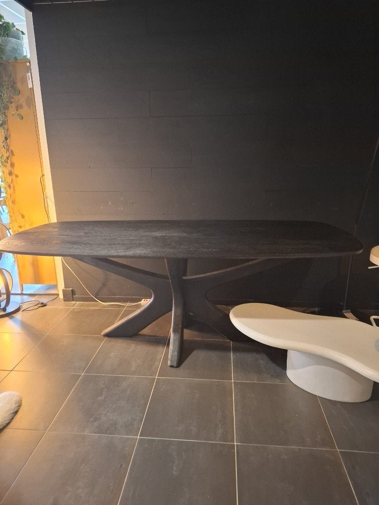 Deens Ovale Eettafel mangohout zwart 220x100x76, Ophalen, 100 tot 150 cm, 200 cm of meer, Zo goed als nieuw