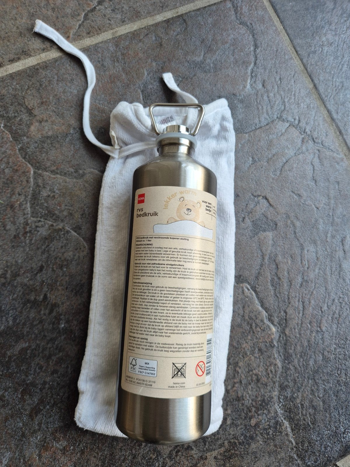 Hema RVS bedkruik 1 liter met kruikzak, Ophalen of Verzenden, Nieuw