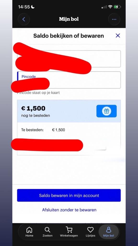 Bol Cadeaukaart €1500,-, Tickets en Kaartjes, Kortingen en Cadeaubonnen, Eén persoon, Cadeaubon, Warenhuis- of Winkelbon