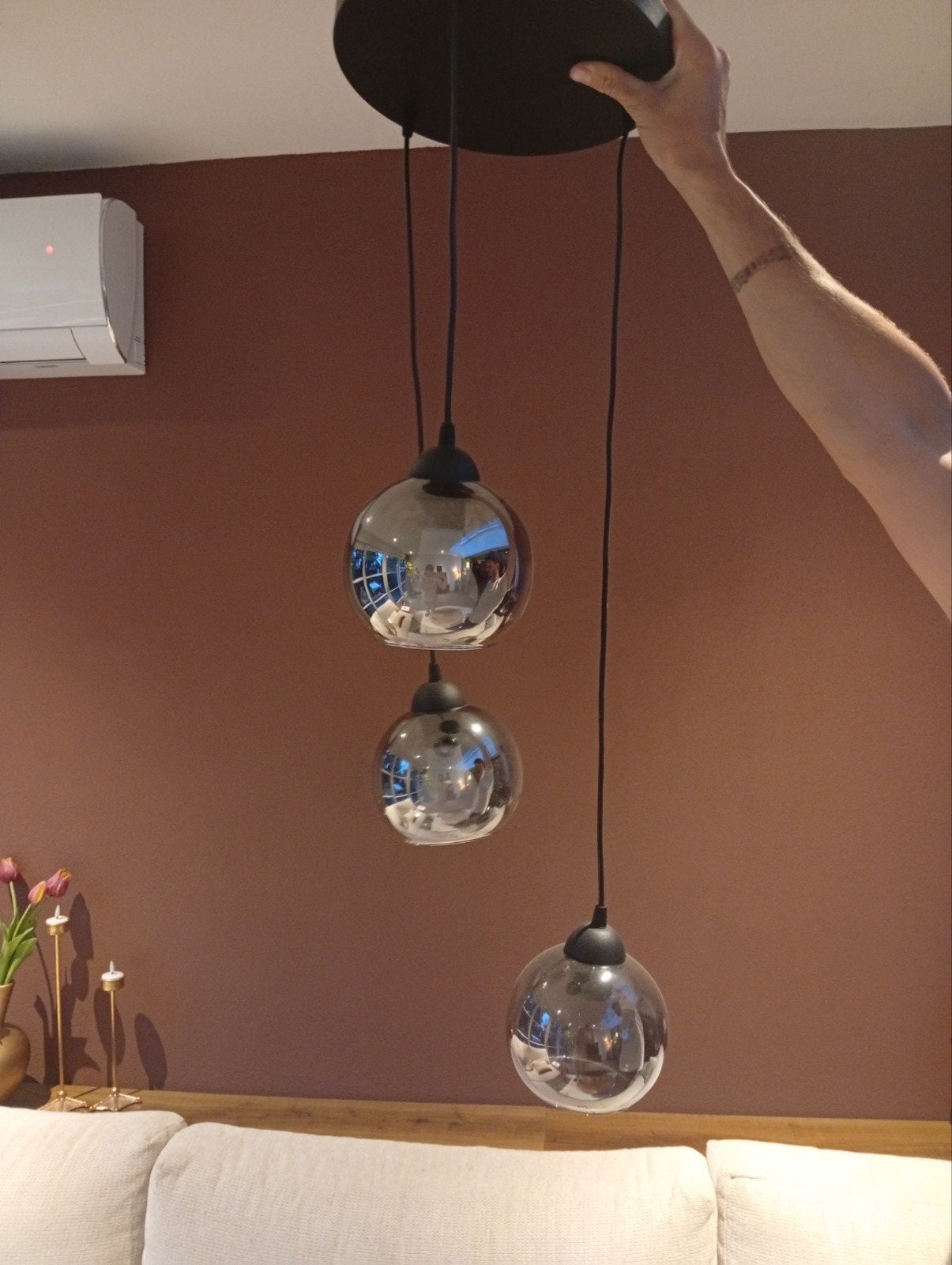 Moderne hanglamp met 3 glazen bollen - Smoke grijs, Ophalen, Zo goed als nieuw, Glas, 75 cm of meer
