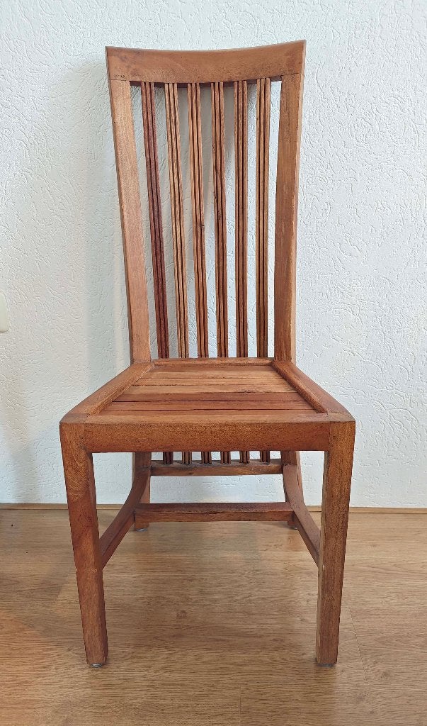 Te koop 6 teakhouten eetkamerstoelen, Huis en Inrichting, Stoelen, Gebruikt, Eén, Hout, Bruin, Ophalen