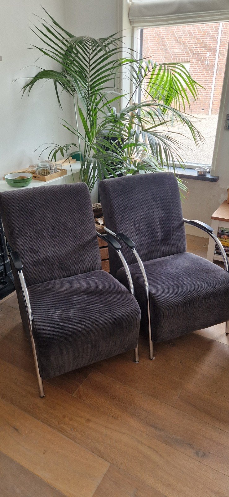 2x fauteuil, antraciet ribstof bekleding, Huis en Inrichting, Ophalen, Gebruikt, Modern, Industrieel, 75 tot 100 cm