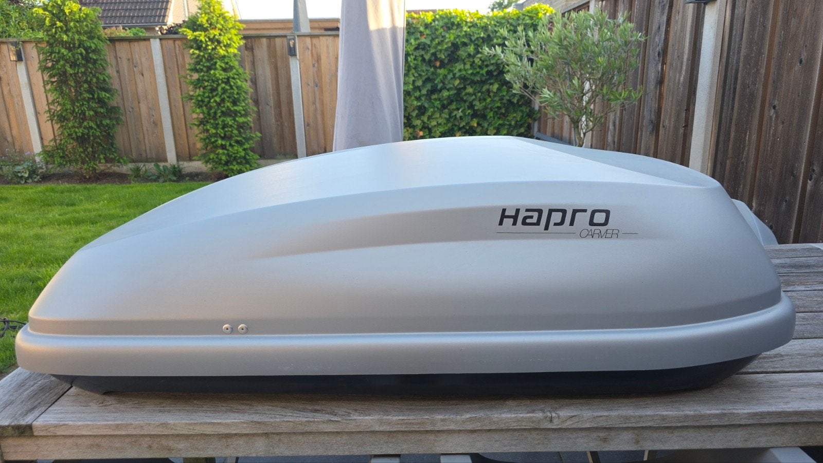 Hapro dakkoffer en dragers (weinig gebruikt) 370 liter, Auto diversen, Dakkoffers, Ophalen, Zo goed als nieuw