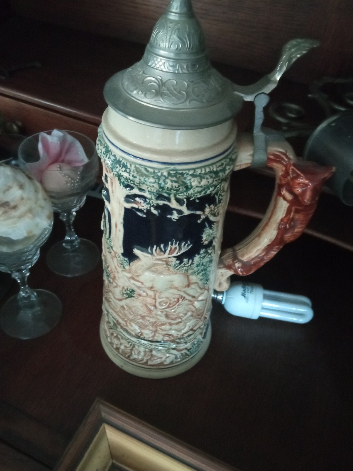 Antieke Bierpul met Hertmotief en Tinnen Deksel, Antiek en Kunst, Ophalen