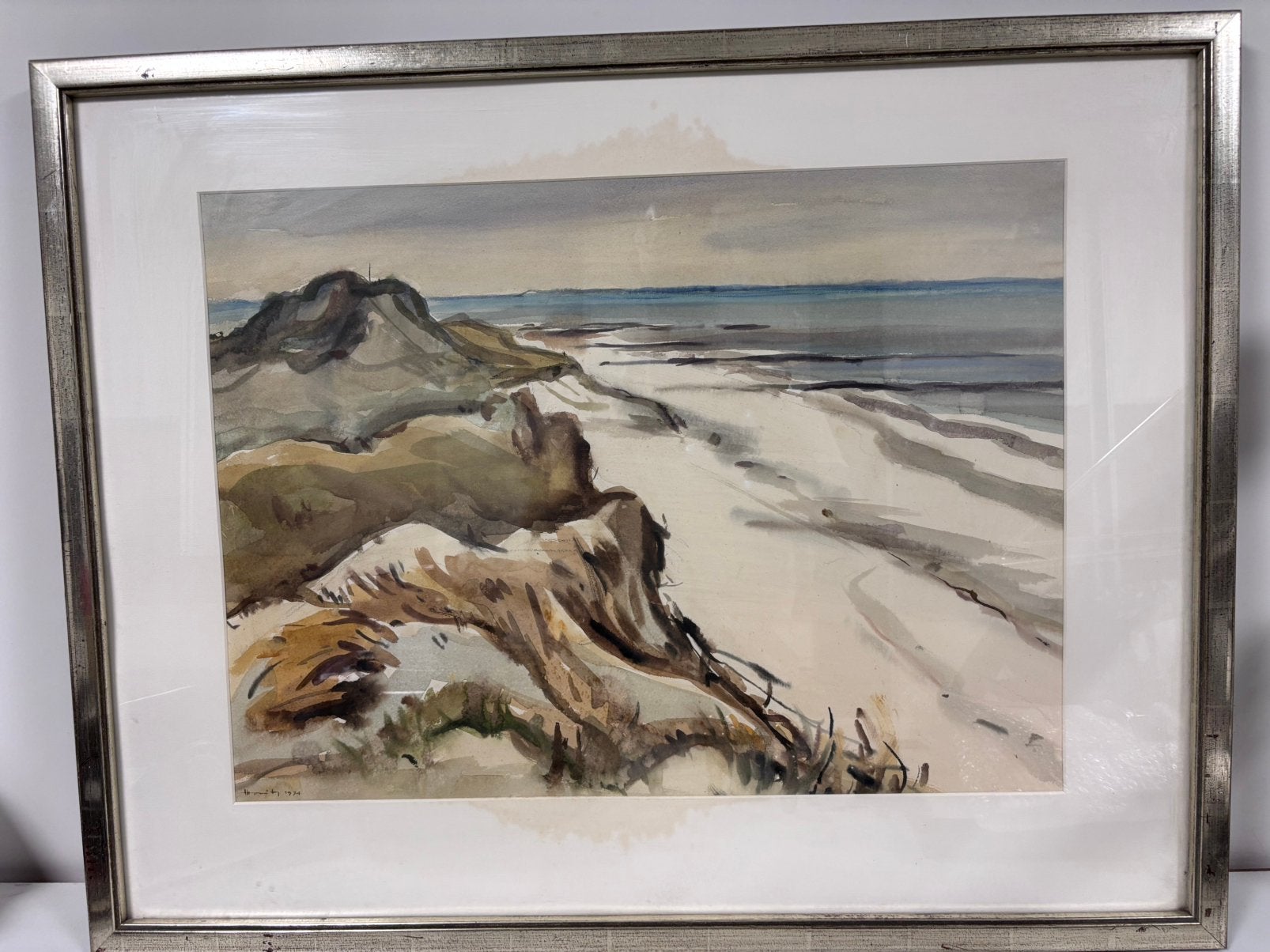 Originele aquarel kustlandschap gesigneerd en gedateerd 1974, Ophalen of Verzenden