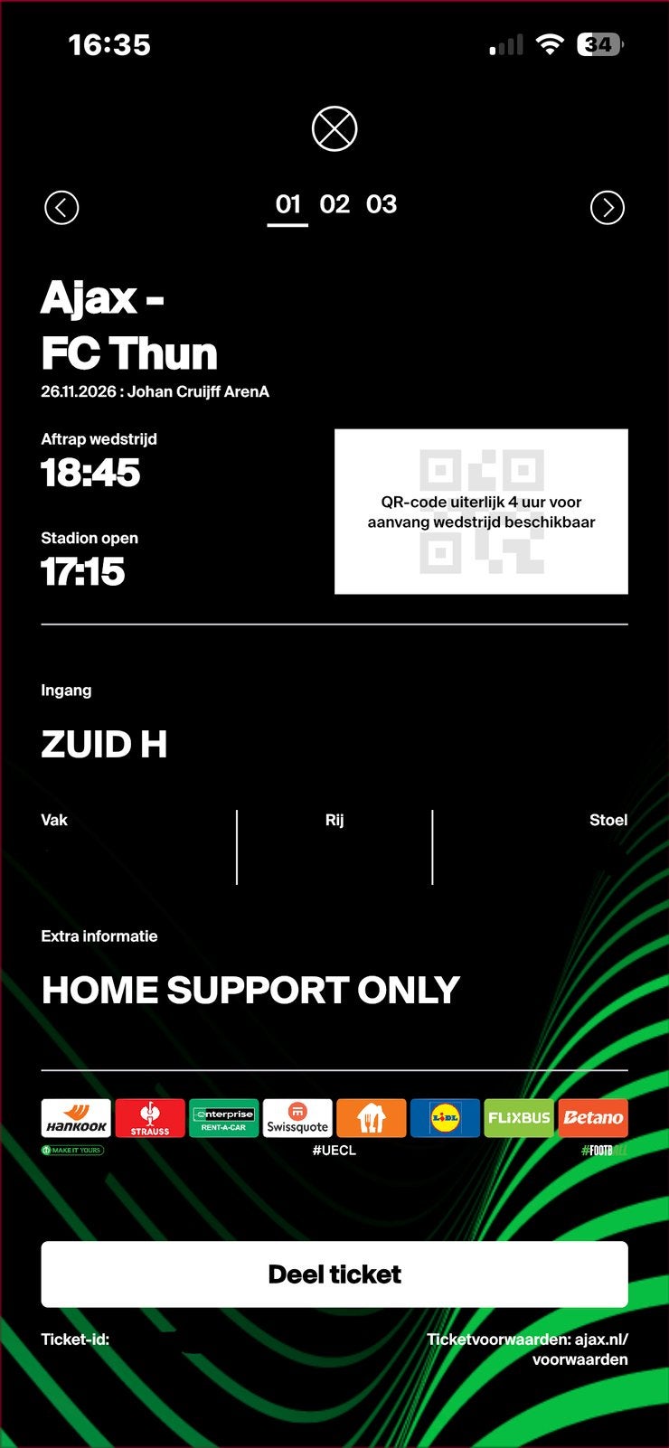 Ajax - FC Thun 2x F-SIDE, Losse kaart, Twee personen, November, Europa of Champions League
