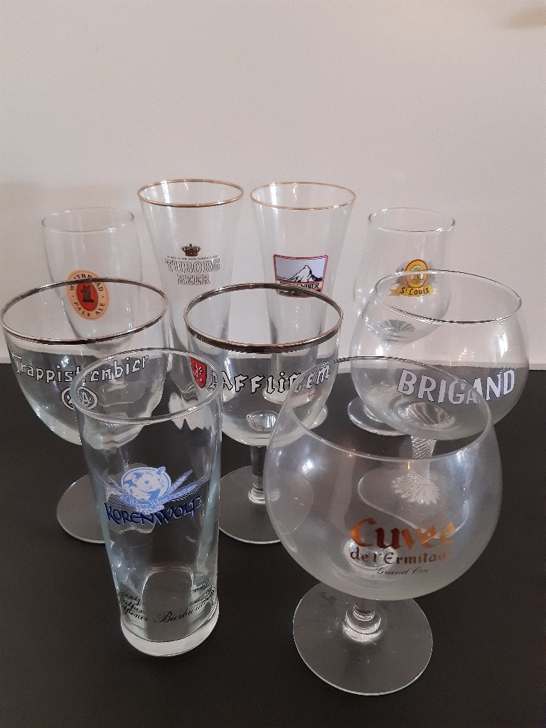 Bierglazen 9 stuks verschillende zie omschrijving en foto's, Ophalen of Verzenden, Zo goed als nieuw, Glas of Glazen, Overige merken