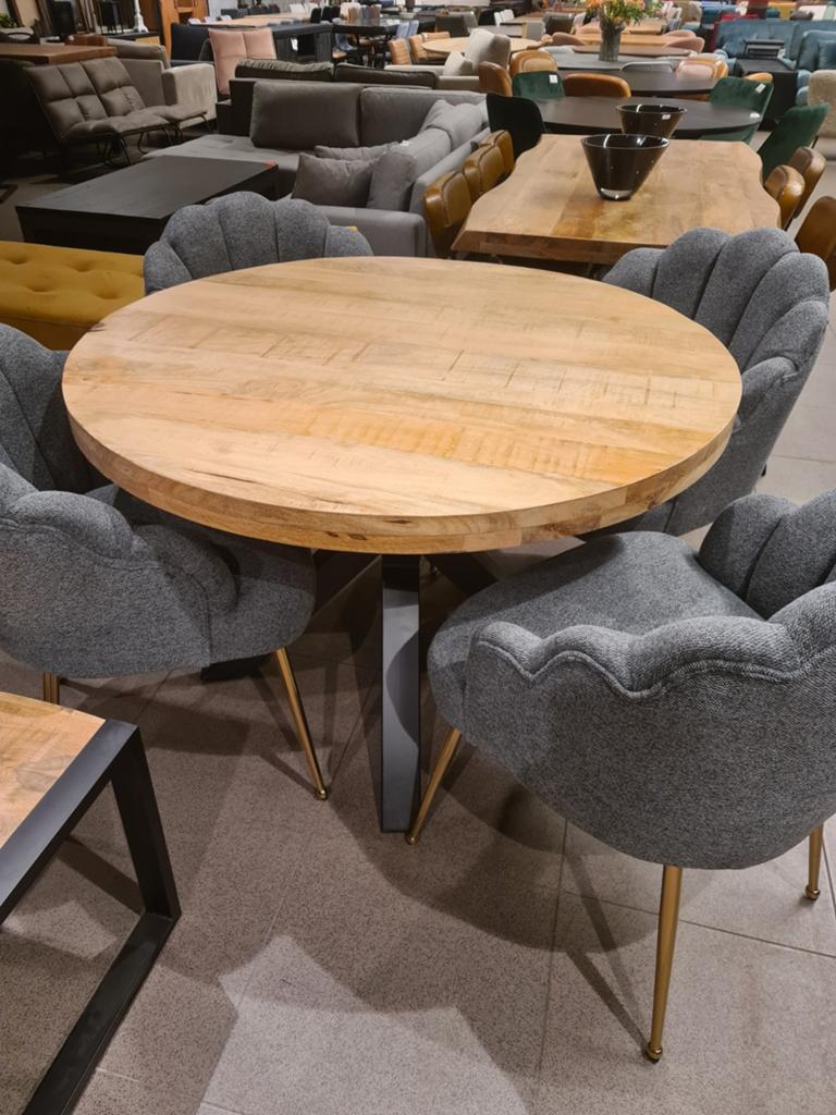 Nieuwe eettafel rond 115cm mangohout spinpoot €200, Ophalen, Industrieel landelijk barok brocante koloniaal boheems vintage, .