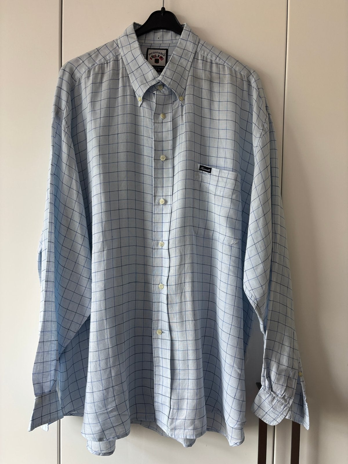 Façonnable lichtblauw linnen shirt met fijn ruitje maat 3XL, Verzenden, Zo goed als nieuw, Blauw, Overige halswijdtes