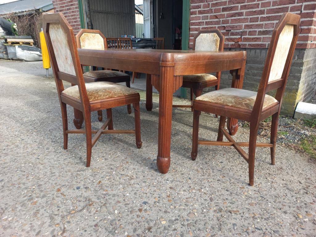 Amsterdamse school tafel met 6 stoelen, Gebruikt, Overige kleuren, Ophalen of Verzenden, Vijf, Zes of meer stoelen