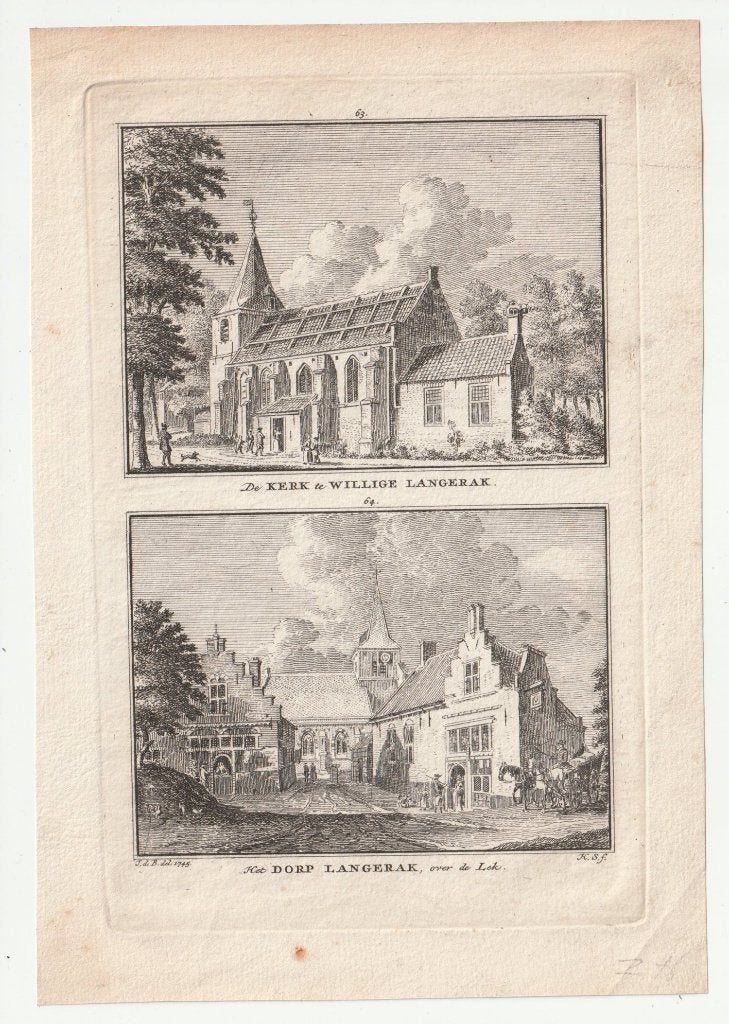 Kerk Willige Langerak Dorp Langerak Spilman gravure ca. 1750, Verzenden, Architectuur, Gravure, Dubbele gravure