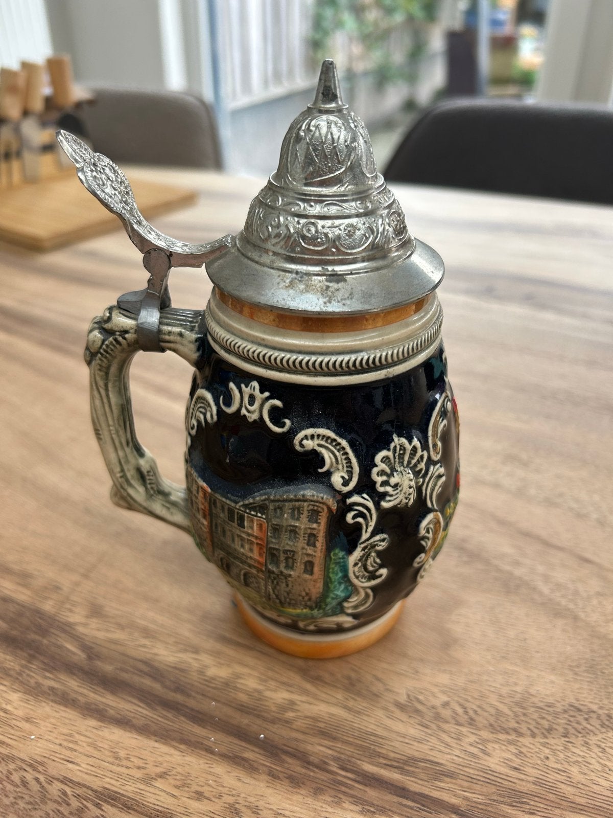 Vintage Duitse Bierpul met Tin Deksel - Handgeschilderd, Antiek en Kunst, Ophalen of Verzenden