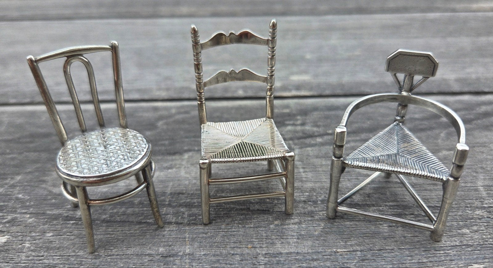 Set van 3 miniatuur zilveren stoelen - decoratief, Ophalen of Verzenden, Zilver