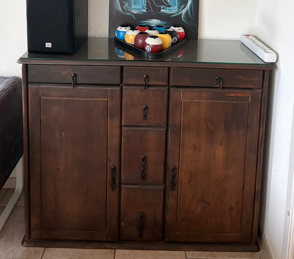 Houten ladenkast, Huis en Inrichting, Kasten | Dressoirs, Ophalen, Met deur(en), Glas, 50 tot 100 cm