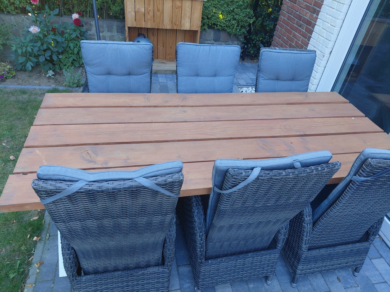 Tuintafelset met 6 stoelen en gepoedercoate metalen poten, Ophalen, Overige materialen, Gebruikt, 6 zitplaatsen