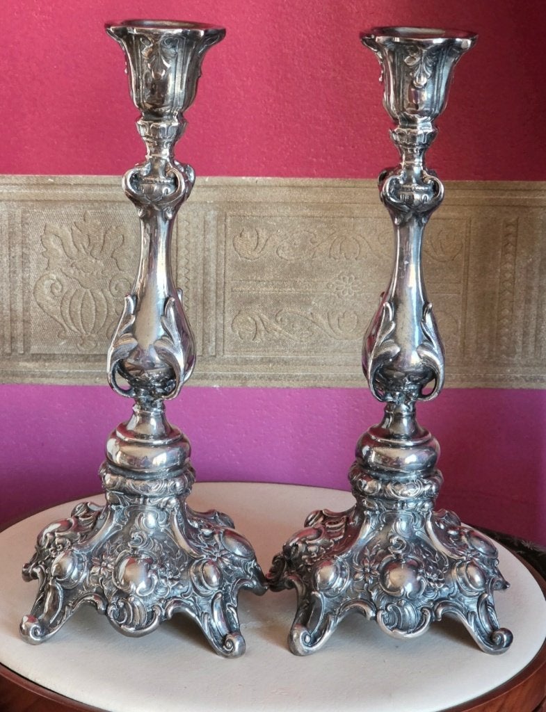 Antieke paar zilveren kandelaars, Italië, Ophalen of Verzenden, Zilver