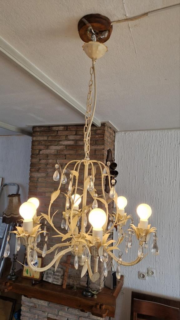 Vintage Kroonluchter met Kristallen - Crème, Ophalen of Verzenden, Gebruikt, Glas, Vintage, Klassiek, Romantisch