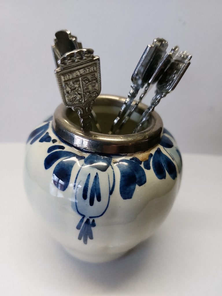 Delfs blauw ?? lepel vaasje met 6 (provincie) lepeltjes, Antiek en Kunst, Antiek | Keramiek en Aardewerk, Ophalen
