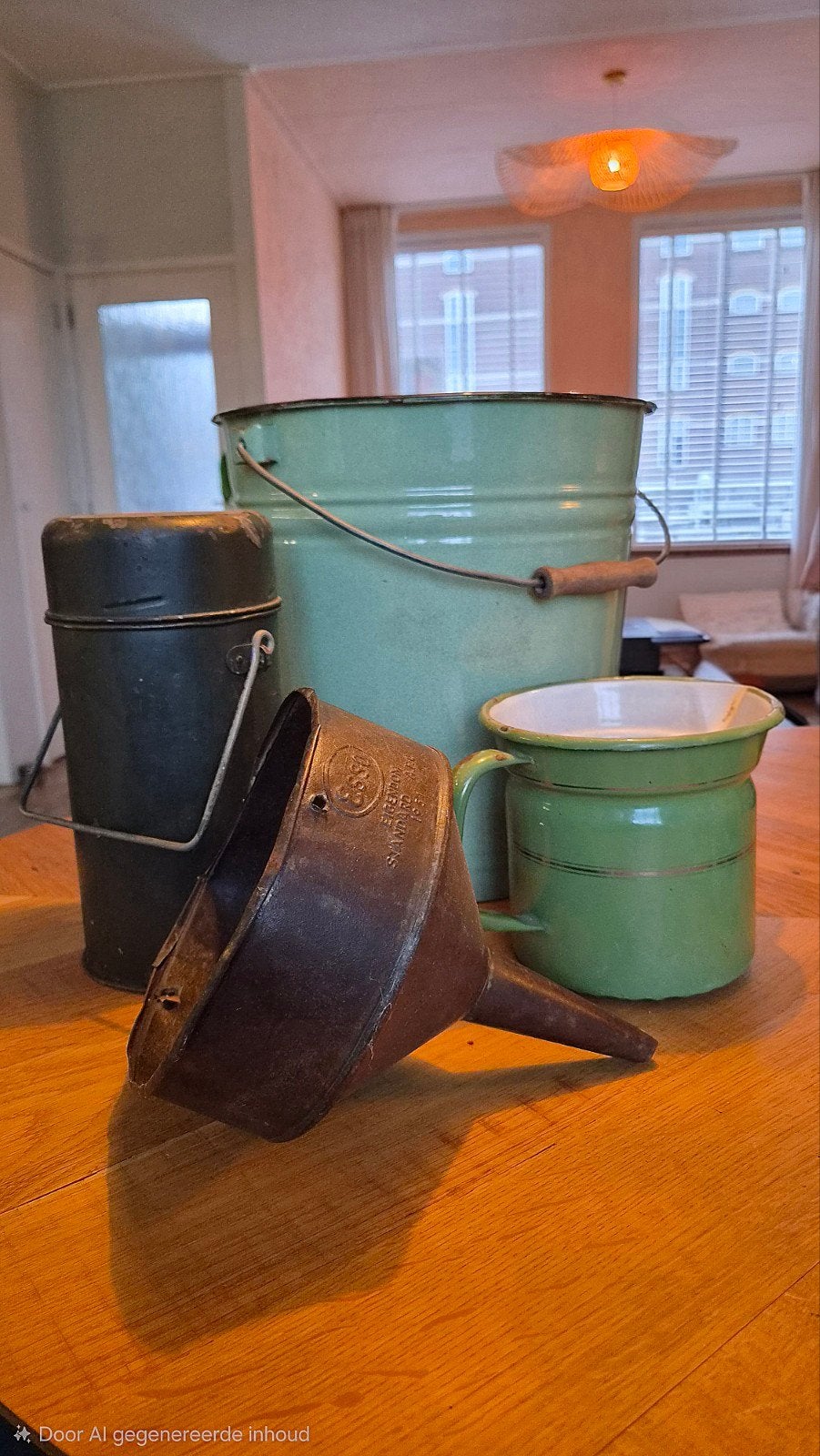 Vintage keukenset emaille - emmer, kan, trechter, thermos, Antiek en Kunst, Ophalen of Verzenden