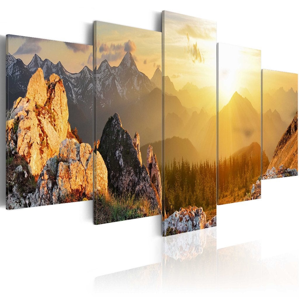 852 Natuur Bergen Sunset 5 Luik Canvas Schilderij 200x100cm, Ophalen of Verzenden, Landschap