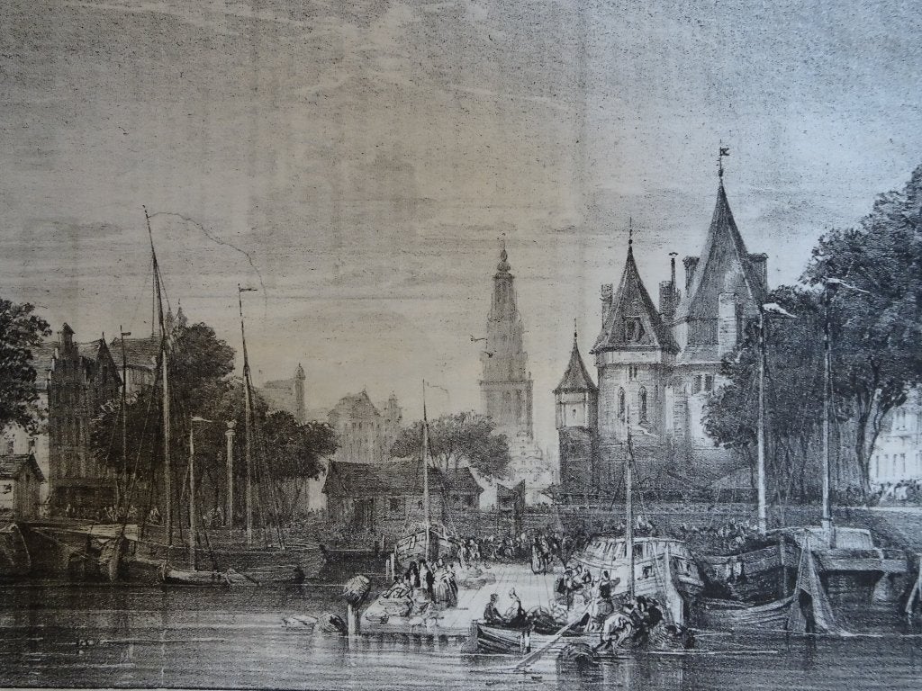 Litho Waag aan de Nieuwmarkt, door Wyld in Le Charivari 1843, Antiek en Kunst, Origineel, Verzenden, Overige onderwerpen, Lithografie