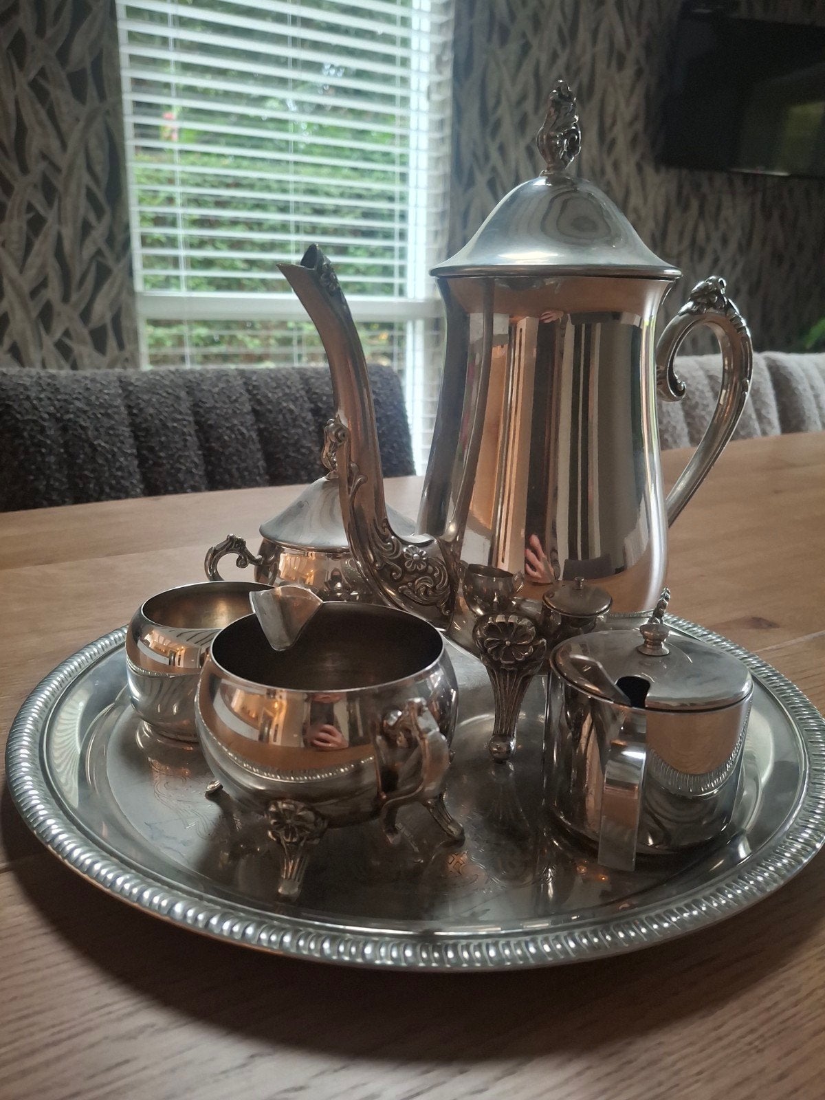 Antiek verzilverd theeservies op dienblad, Ophalen of Verzenden, Zilver