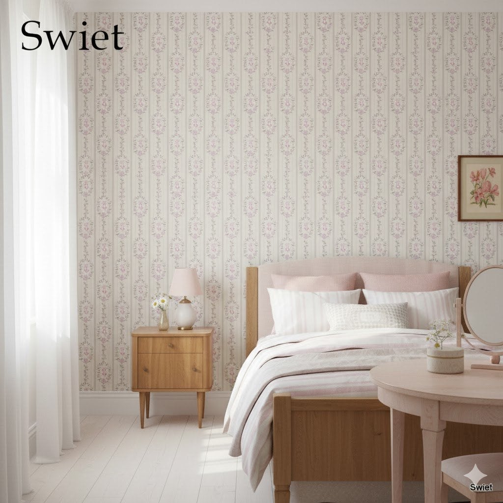 7156 roze lila bloemen vintage behang jaren50 pastel swiet, Verzenden, Roze