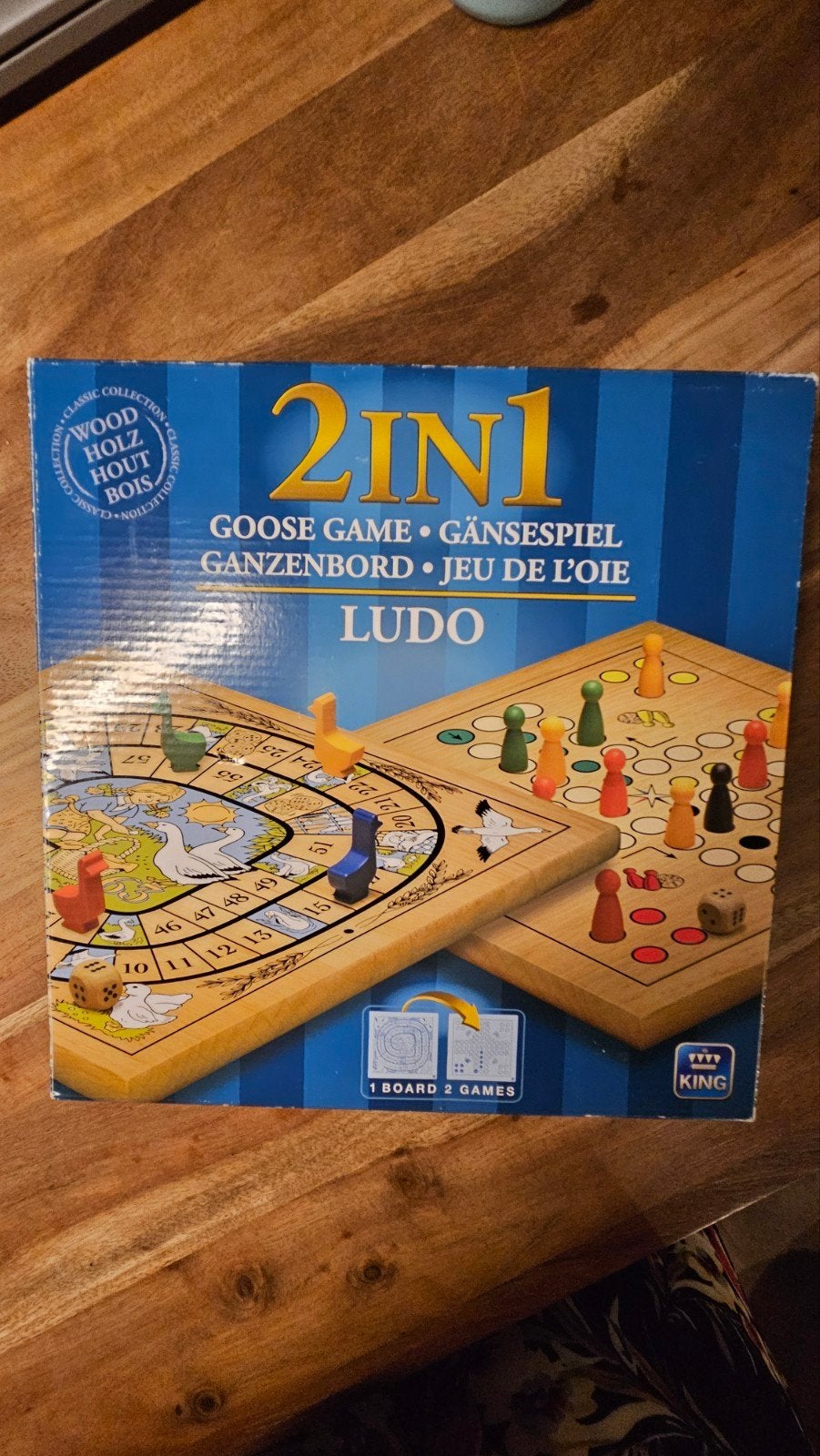 Ganzenbord & Ludo 2-in-1 Houten Spelbord, Hobby en Vrije tijd, Een of twee spelers, Ophalen of Verzenden, Zo goed als nieuw, KING
