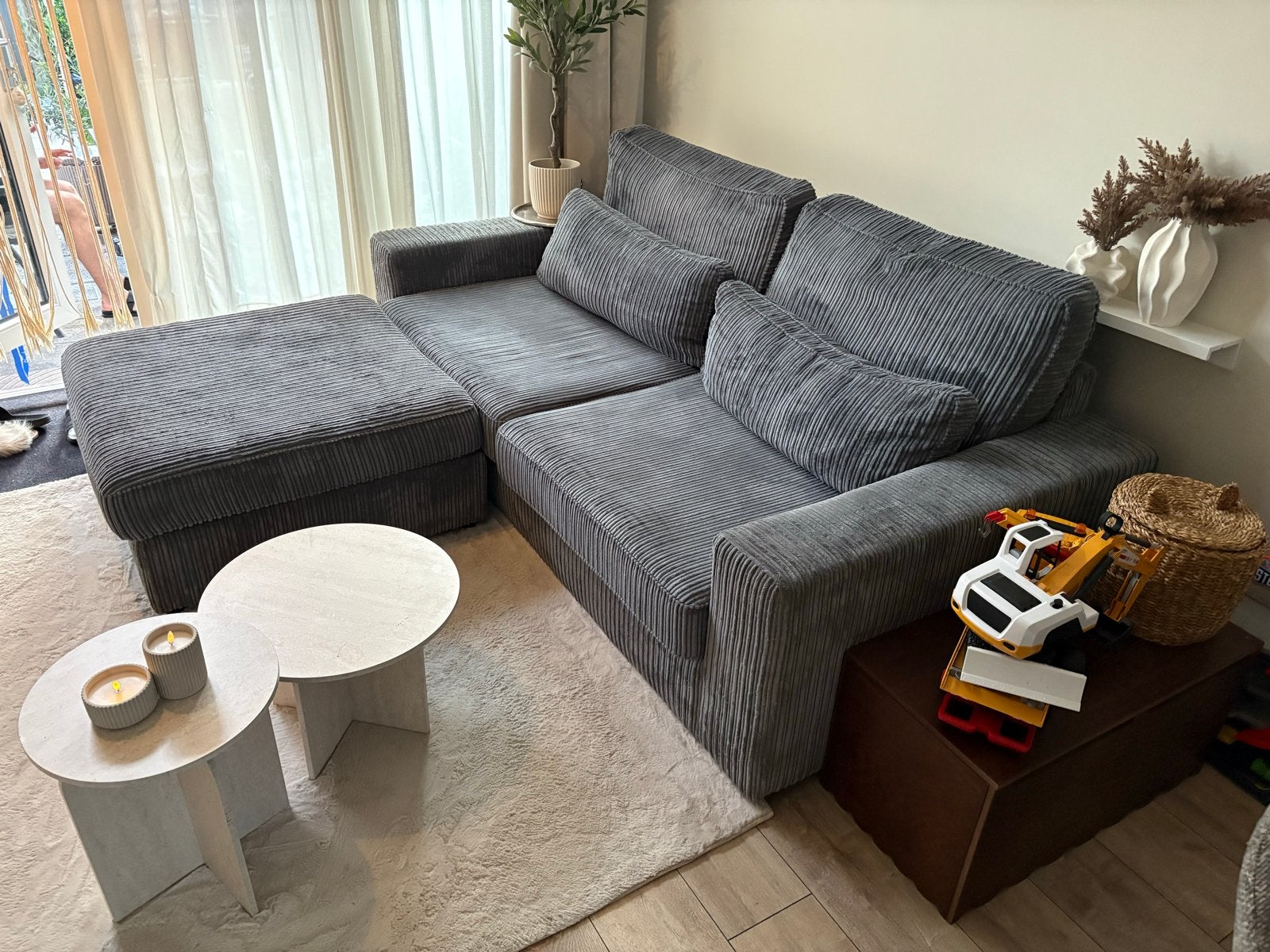 Grijze ribbank met los lounge gedeelte - 220x200 cm, Ophalen, Gebruikt, Driepersoons, 200 tot 250 cm