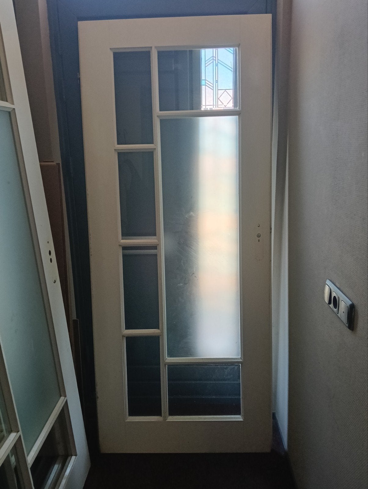 Opdekdeur met glas, rechts, 202x85 cm, Doe-het-zelf en Verbouw, Deuren en Horren, Ophalen, Glas, Binnendeur, 200 tot 215 cm