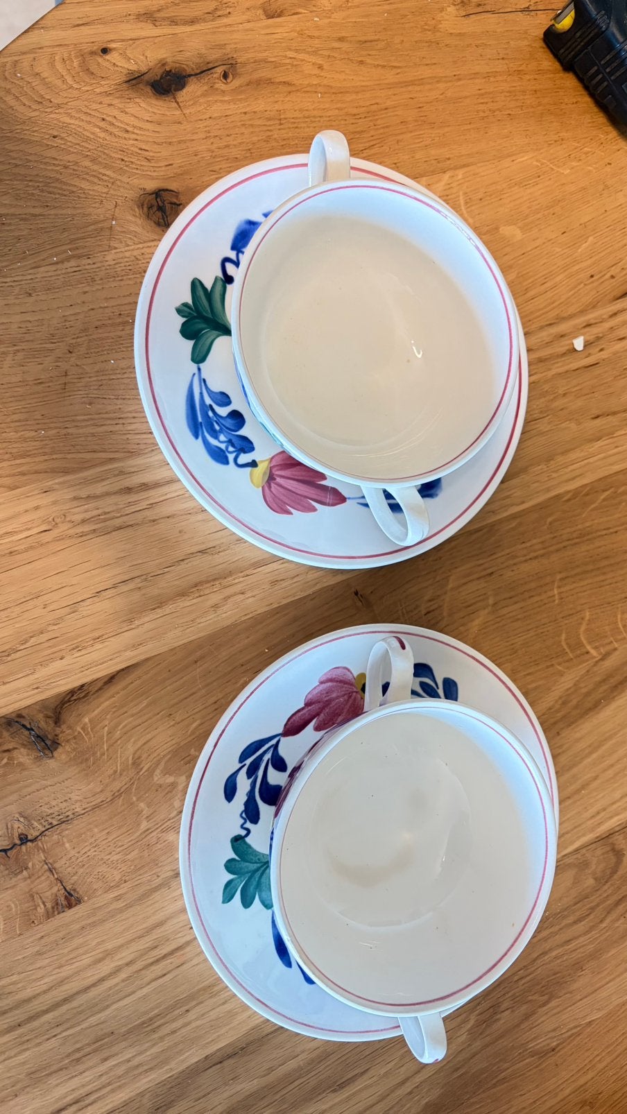 2 oude boerenbont soepkommen met schotel, Ophalen, Zo goed als nieuw, Aardewerk, Kom(men)