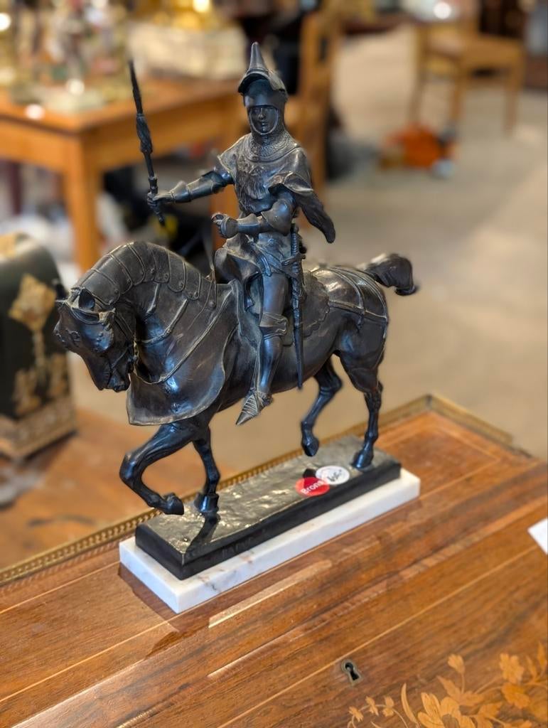 Antiek bronzen beeld ridder op paard. €635.  42 cm hoog, Ophalen