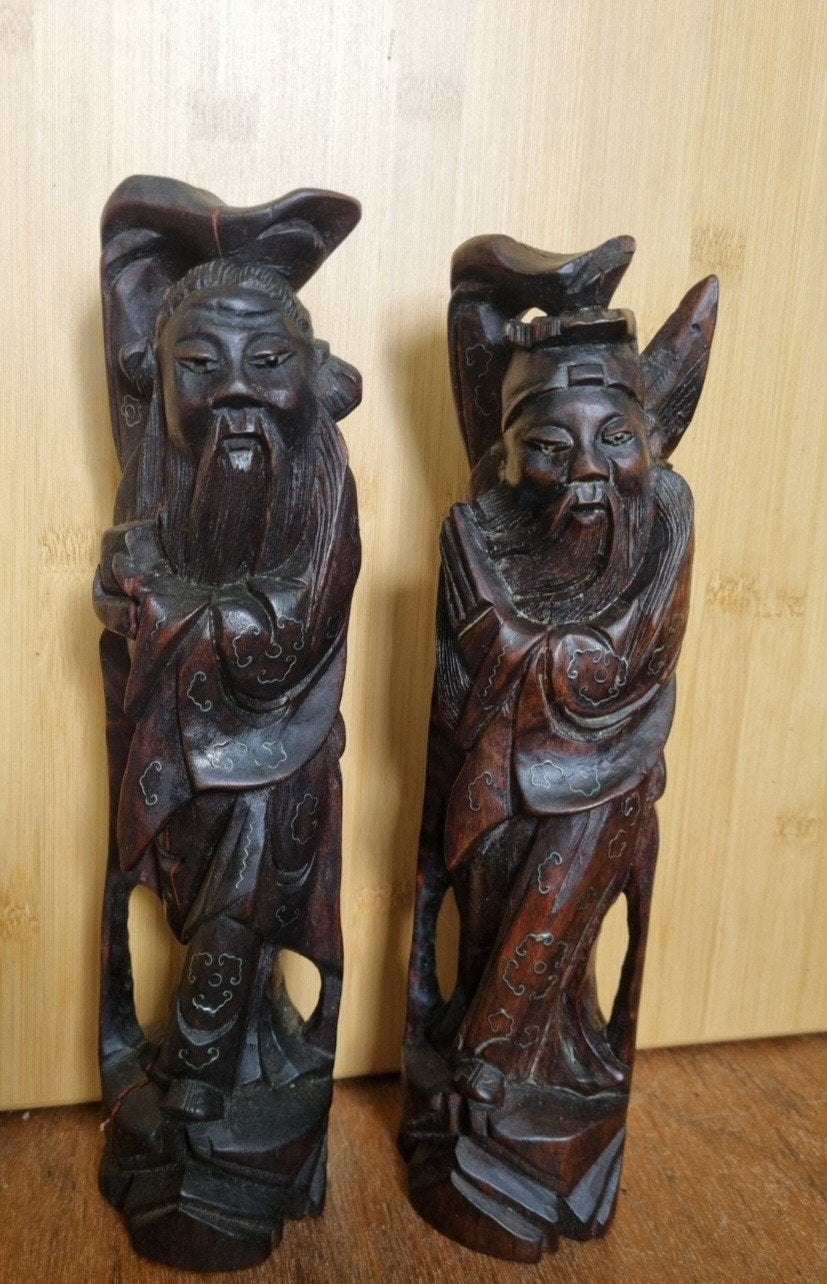 2 prachtige antieke Chinese houtsnijwerk figuren, Ophalen of Verzenden