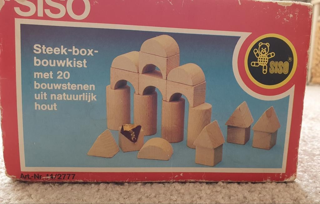 Steek-box-bouwkist met 20 bouwstenen uit natuurlijk hout, Ophalen of Verzenden, Gebruikt
