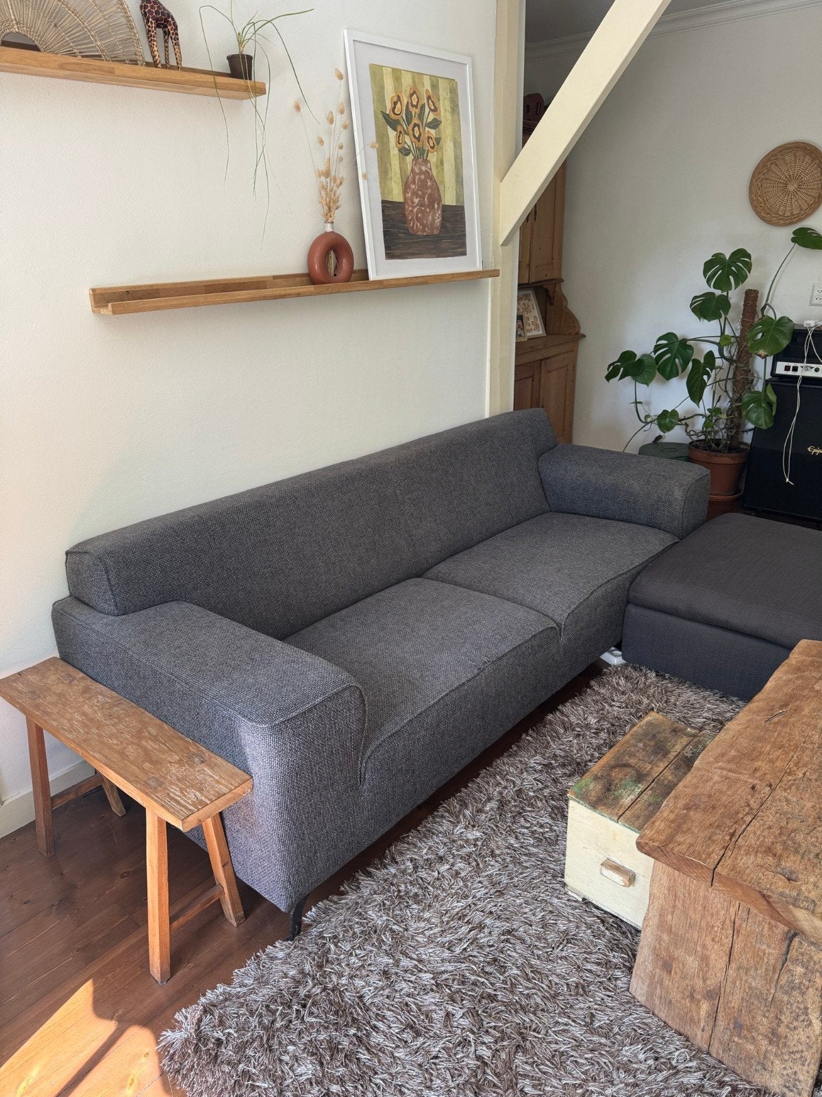Grijze bank met hocker - 230x100 cm bank, 80x80 cm hocker, Huis en Inrichting, Ophalen, Gebruikt, Driepersoons, 75 tot 100 cm