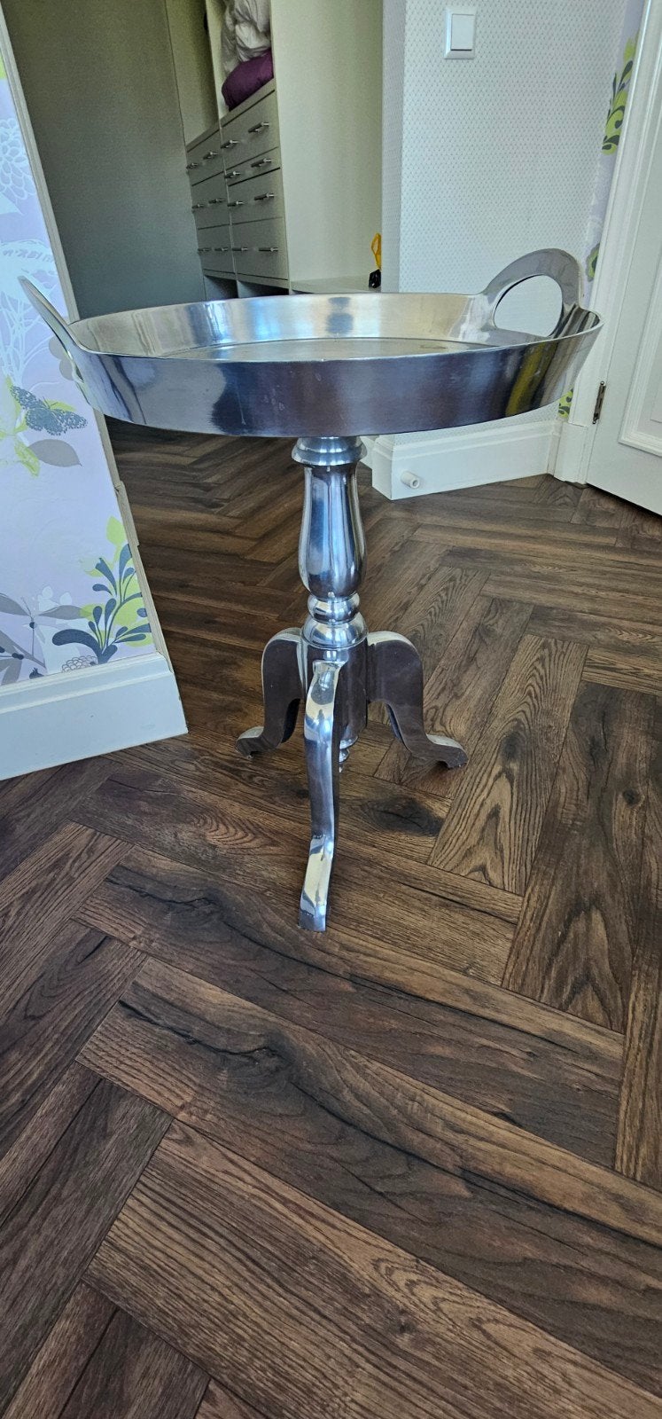 Metalen bijzettafel met dienblad, zilverkleurig, Ophalen, Gebruikt, Metaal of Aluminium, Rond