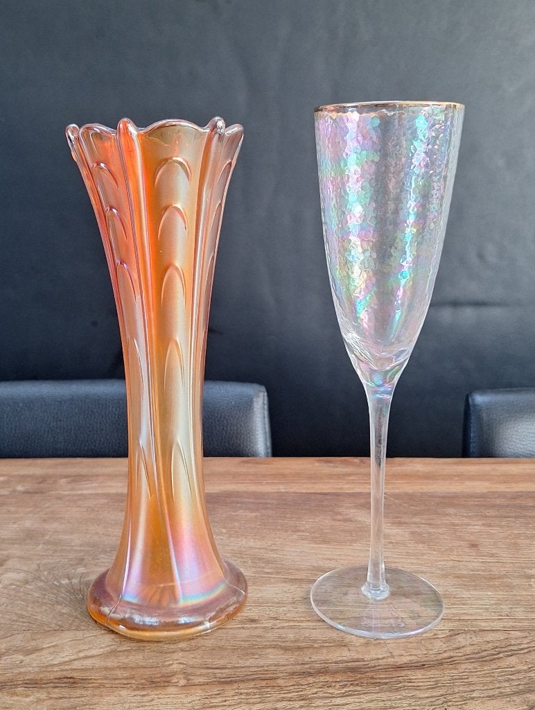 lot vintage iriserend glazen fluit-vaasje en champagneglas, Ophalen of Verzenden, Huis en Inrichting