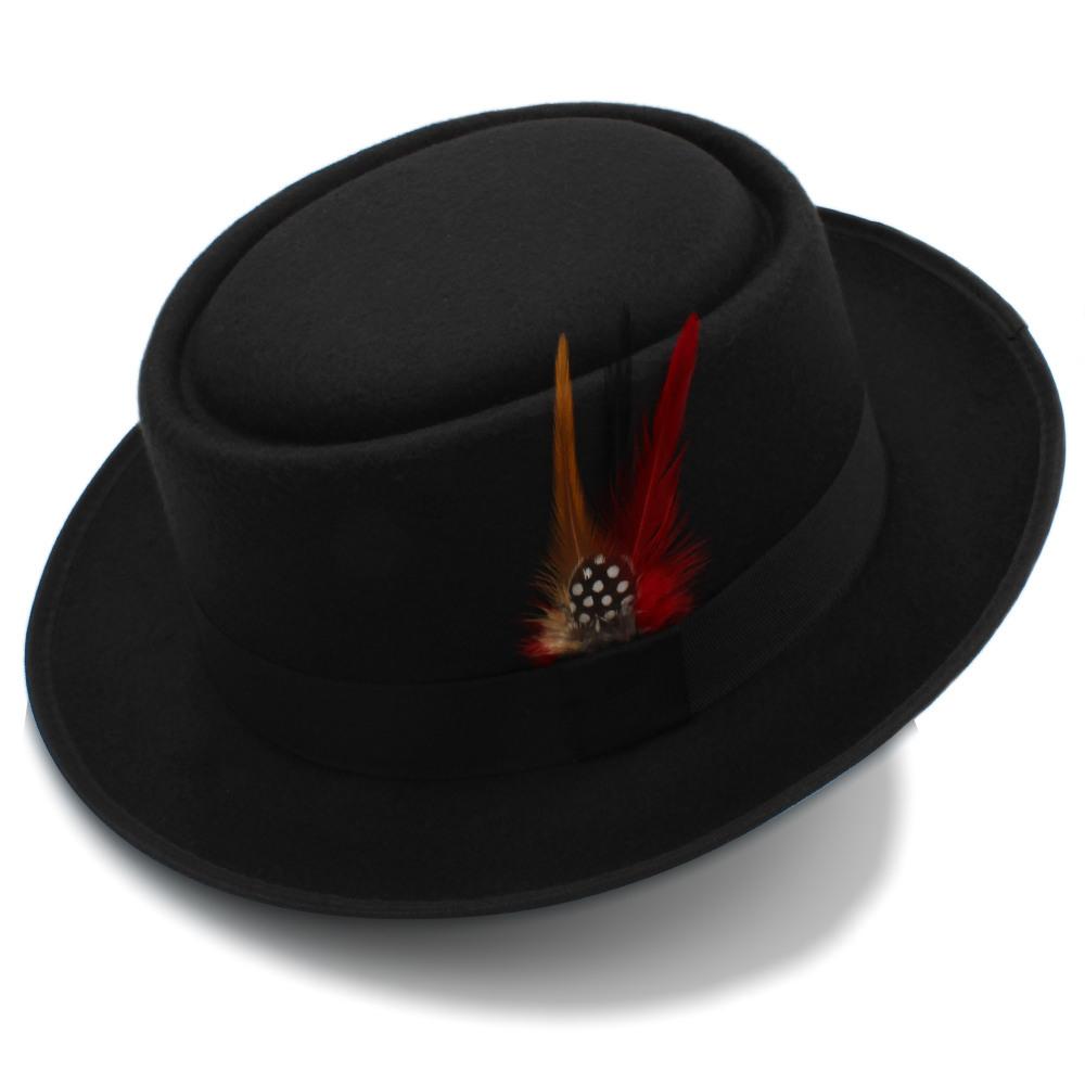 Zwarte pork pie hoed met veer / heren dames porkpie wol, Verzenden, Nieuw, Hoed