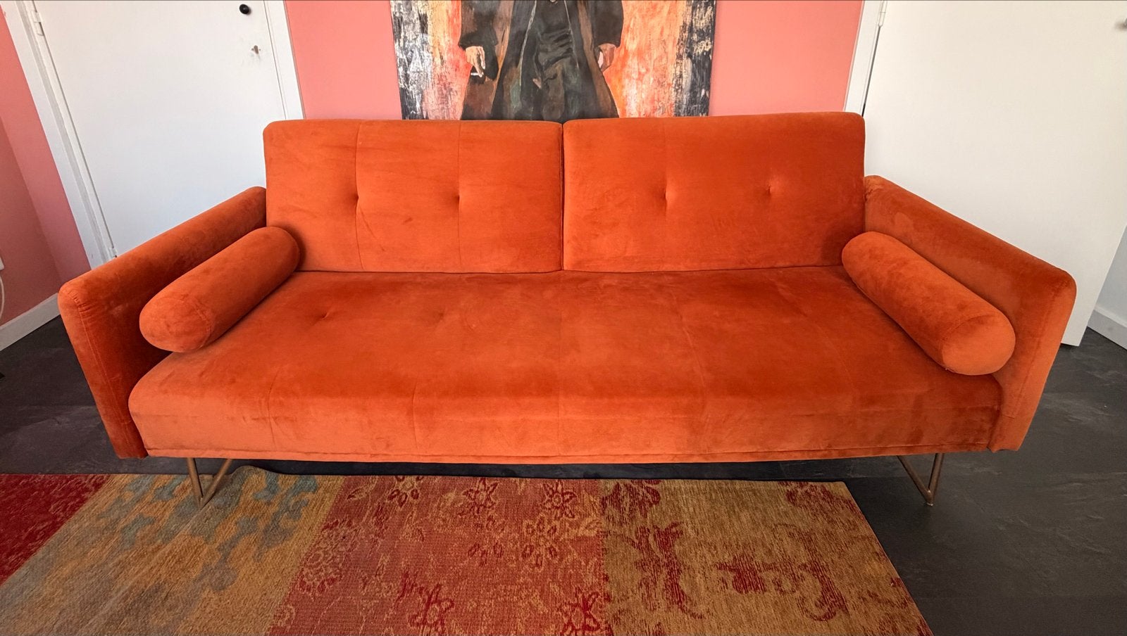 Roestoranje velours 3-zits slaapbank met gouden pootjes, Ophalen, Tweepersoons, Oranje, 190 cm of minder
