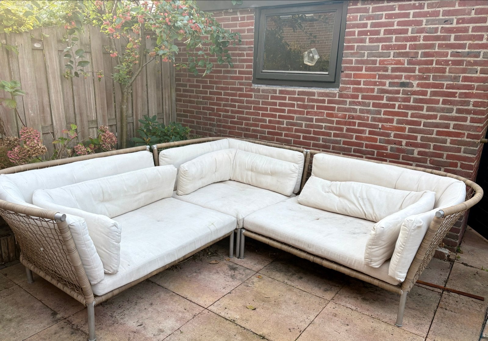 Comfortabele hoekbank loungeset voor buiten 230x230x100, Ophalen, 5 zitplaatsen, Kunststof, Gebruikt